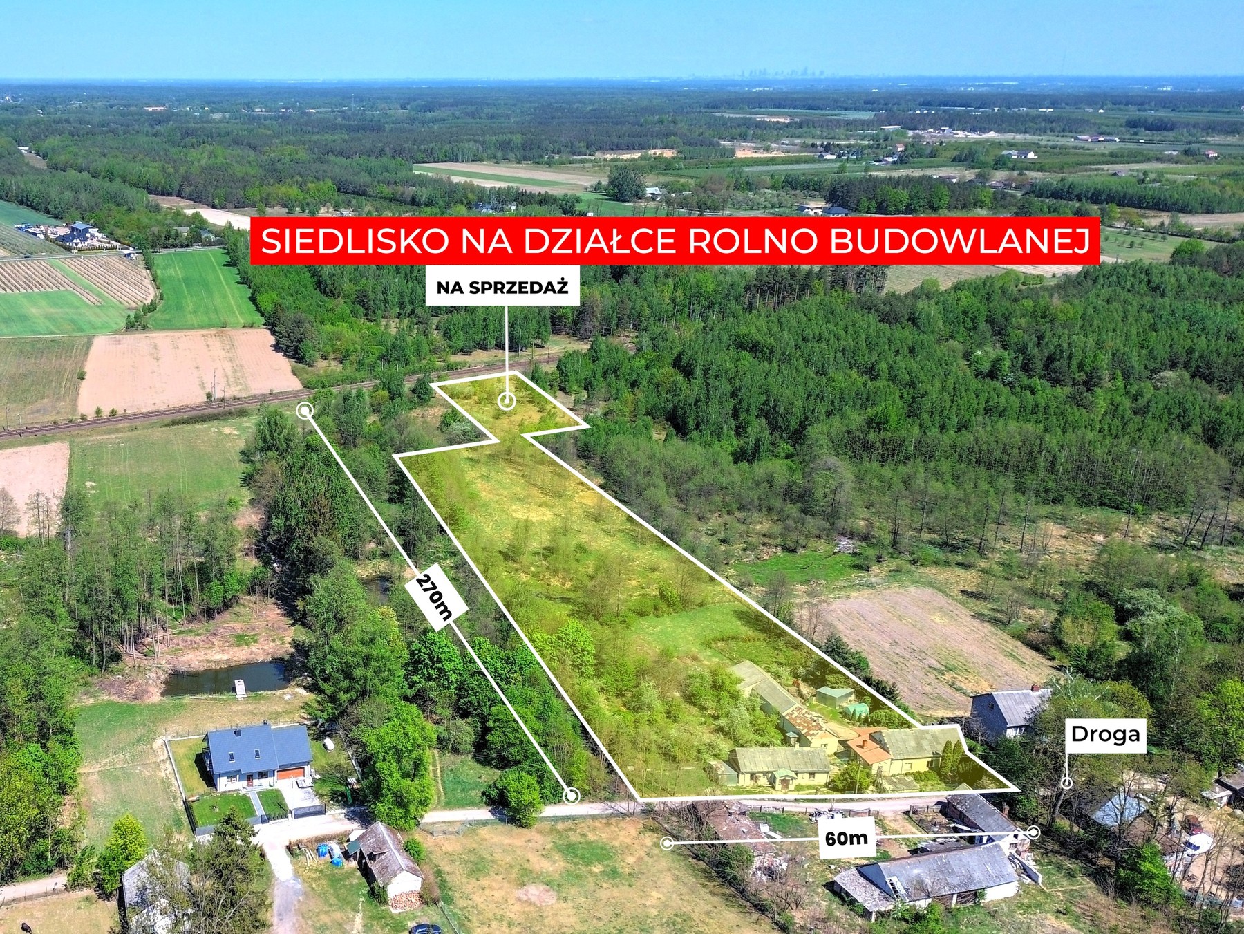 Działka w Suchostrudze z wymiarami około 270 m i 60 m